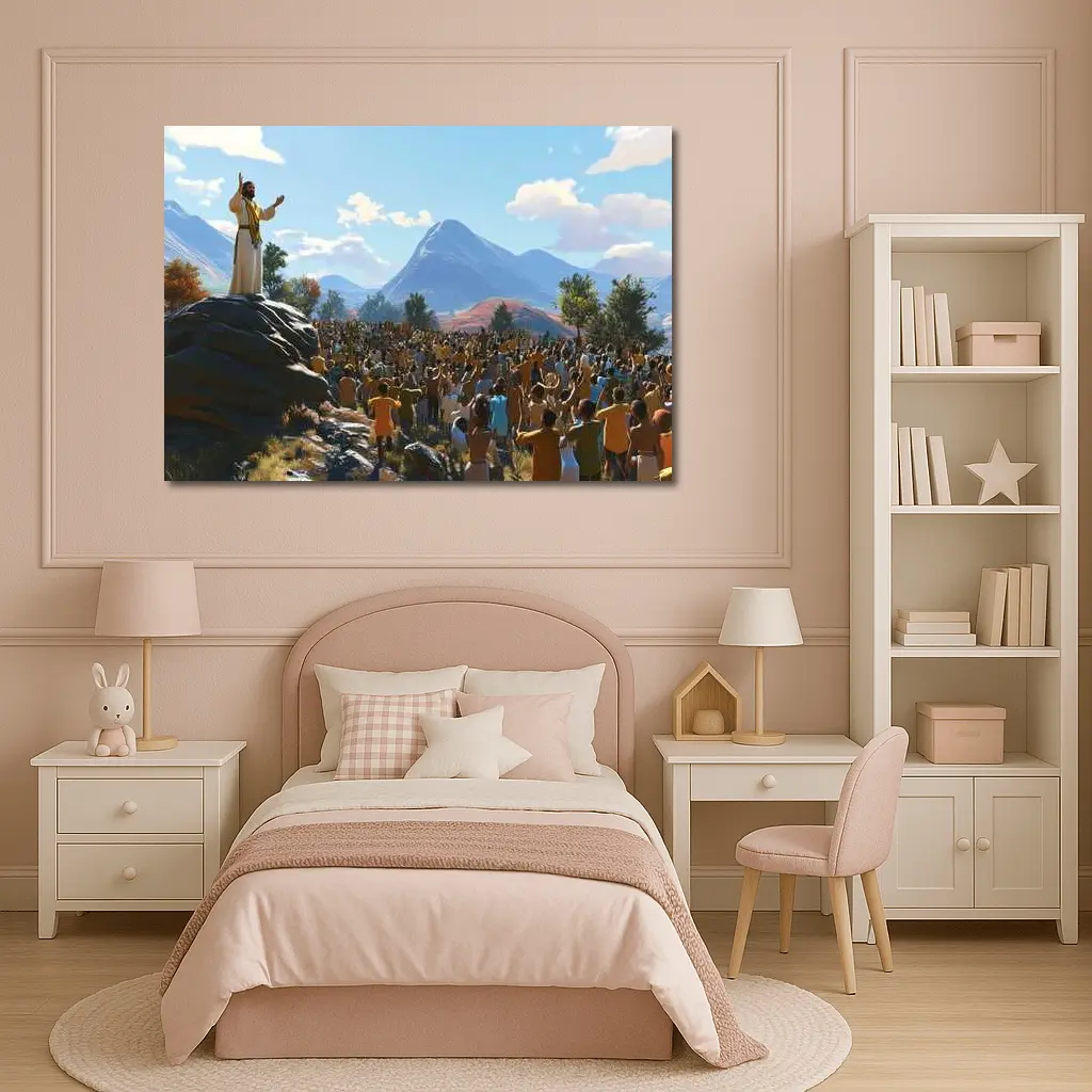 Jesus Preaching to Large Crowd Mountains – Wall Art