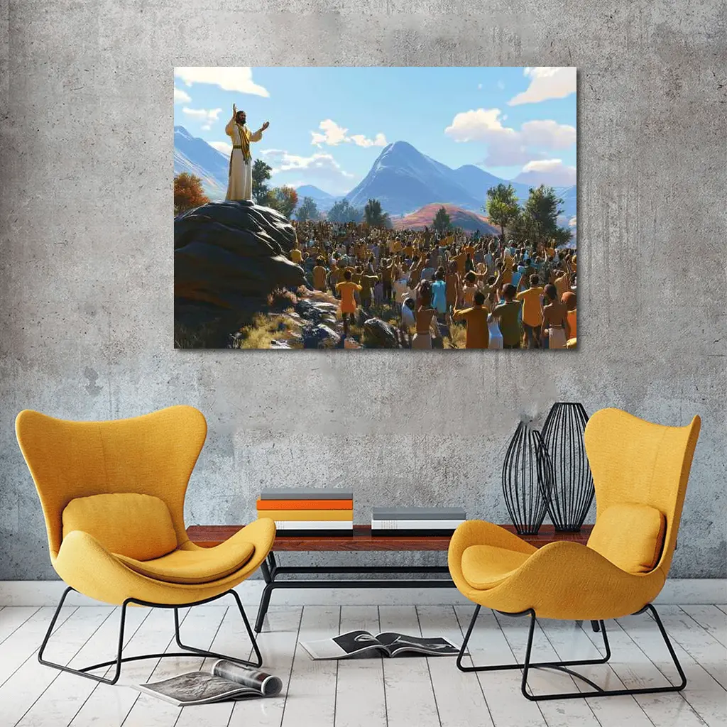 Jesus Preaching to Large Crowd Mountains – Wall Art