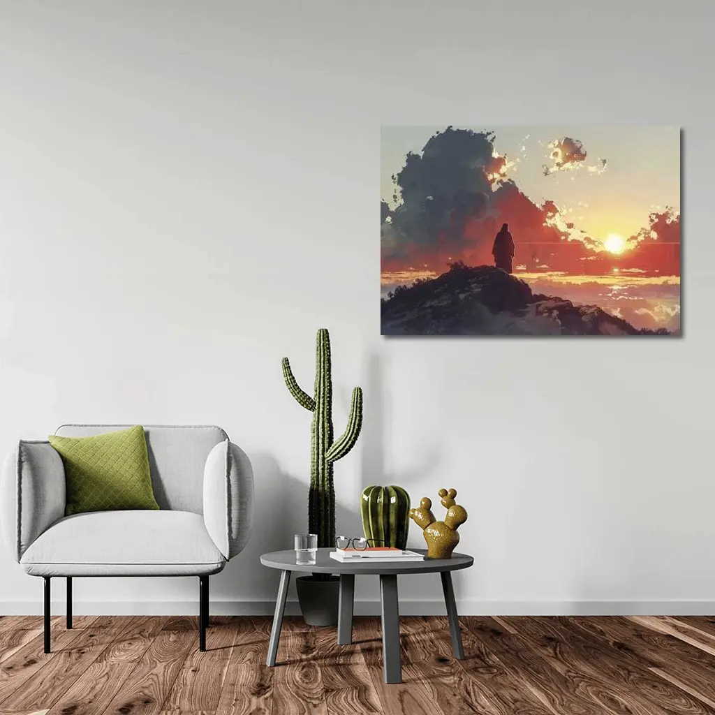 Lone Figure Standing on Rocky Sunset Cliff – Wall Art