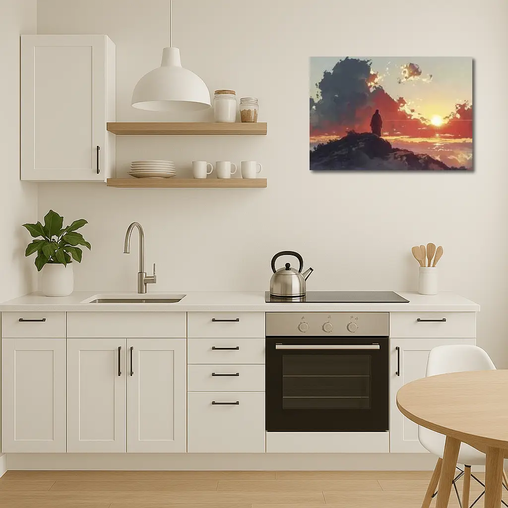 Lone Figure Standing on Rocky Sunset Cliff – Wall Art