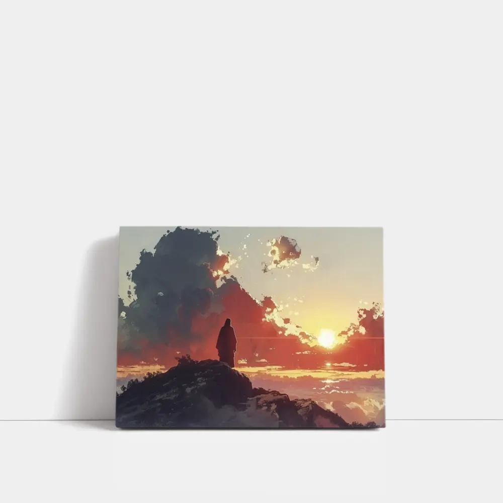 Lone Figure Standing on Rocky Sunset Cliff – Wall Art