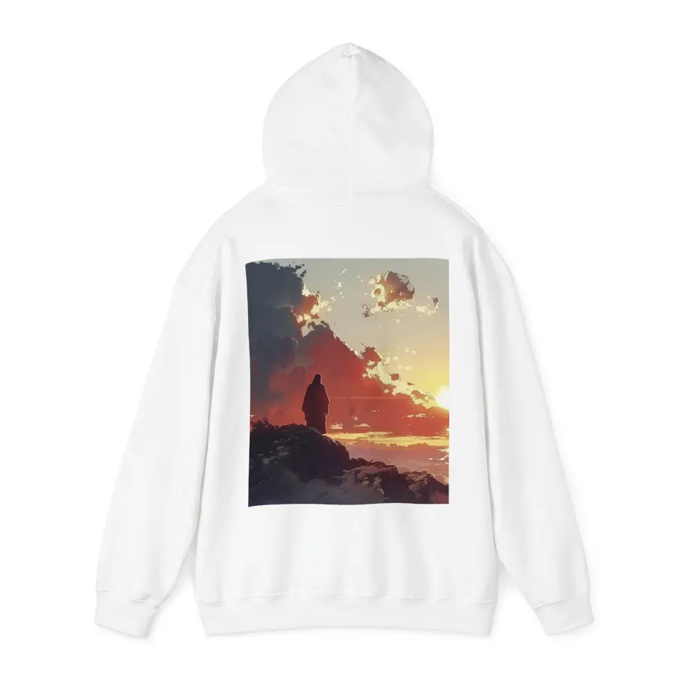 Lone Figure Standing on Rocky Sunset Cliff – Hoodies