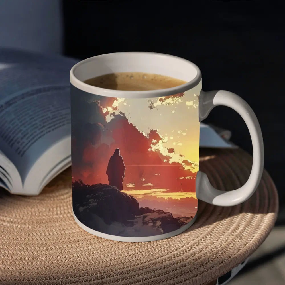 Lone Figure Standing on Rocky Sunset Cliff – Mugs