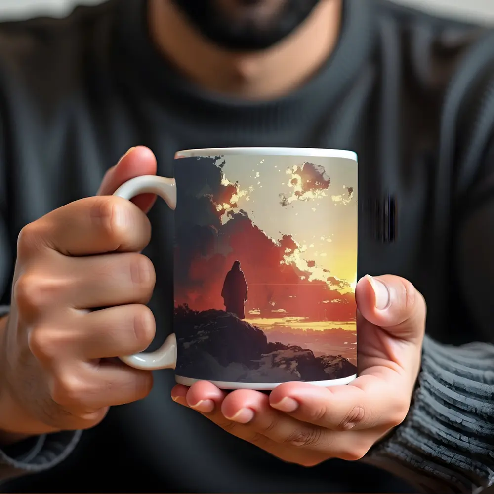 Lone Figure Standing on Rocky Sunset Cliff – Mugs
