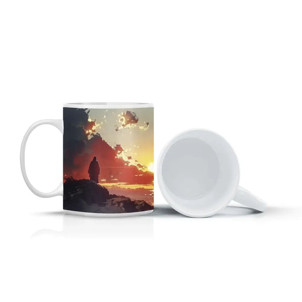 Lone Figure Standing on Rocky Sunset Cliff – Mugs