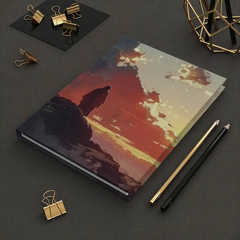 Lone Figure Standing on Rocky Sunset Cliff – Notebooks