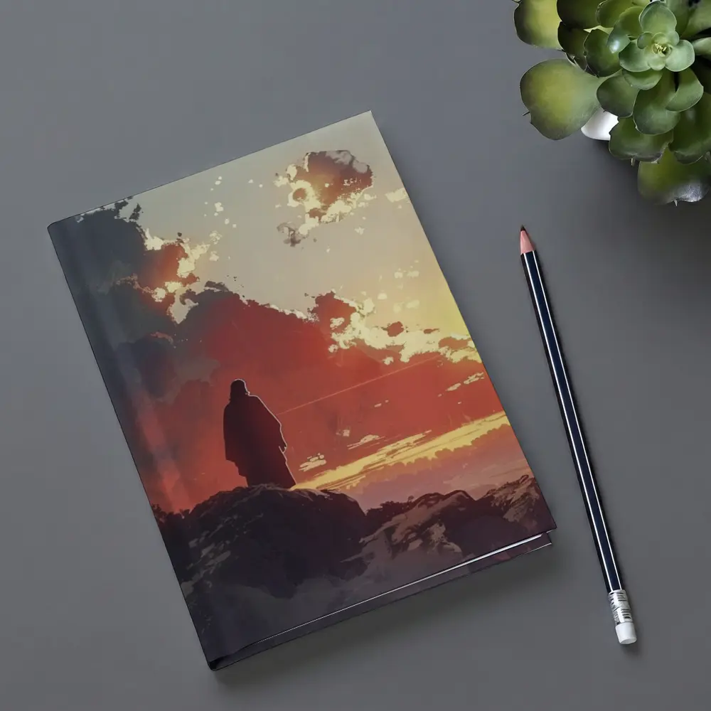 Lone Figure Standing on Rocky Sunset Cliff – Notebooks