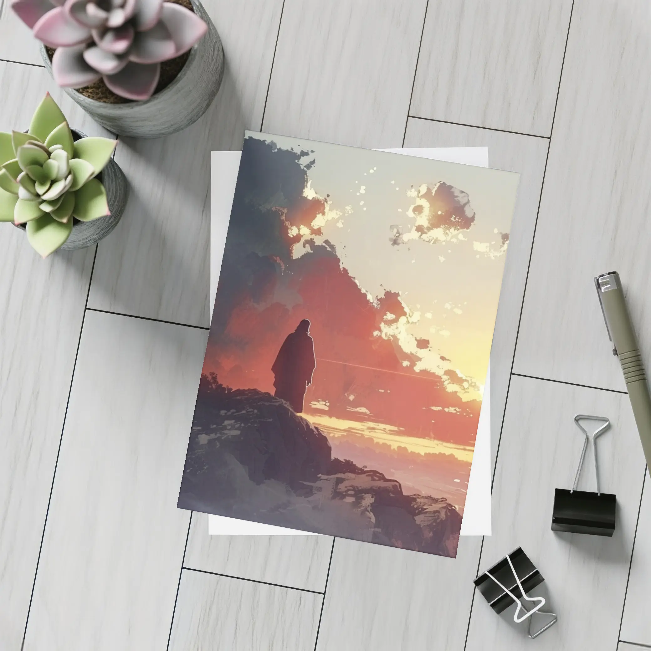 Lone Figure Standing on Rocky Sunset Cliff – Postcards