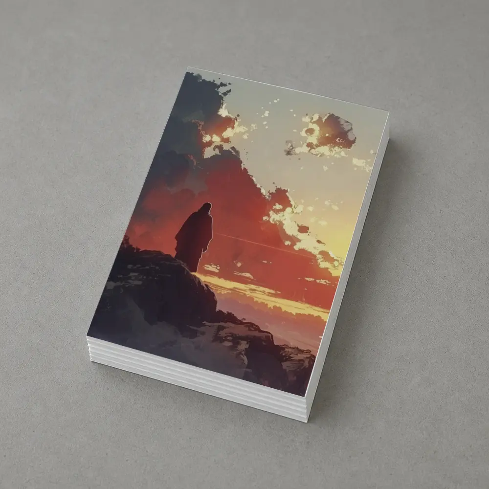 Lone Figure Standing on Rocky Sunset Cliff – Postcards