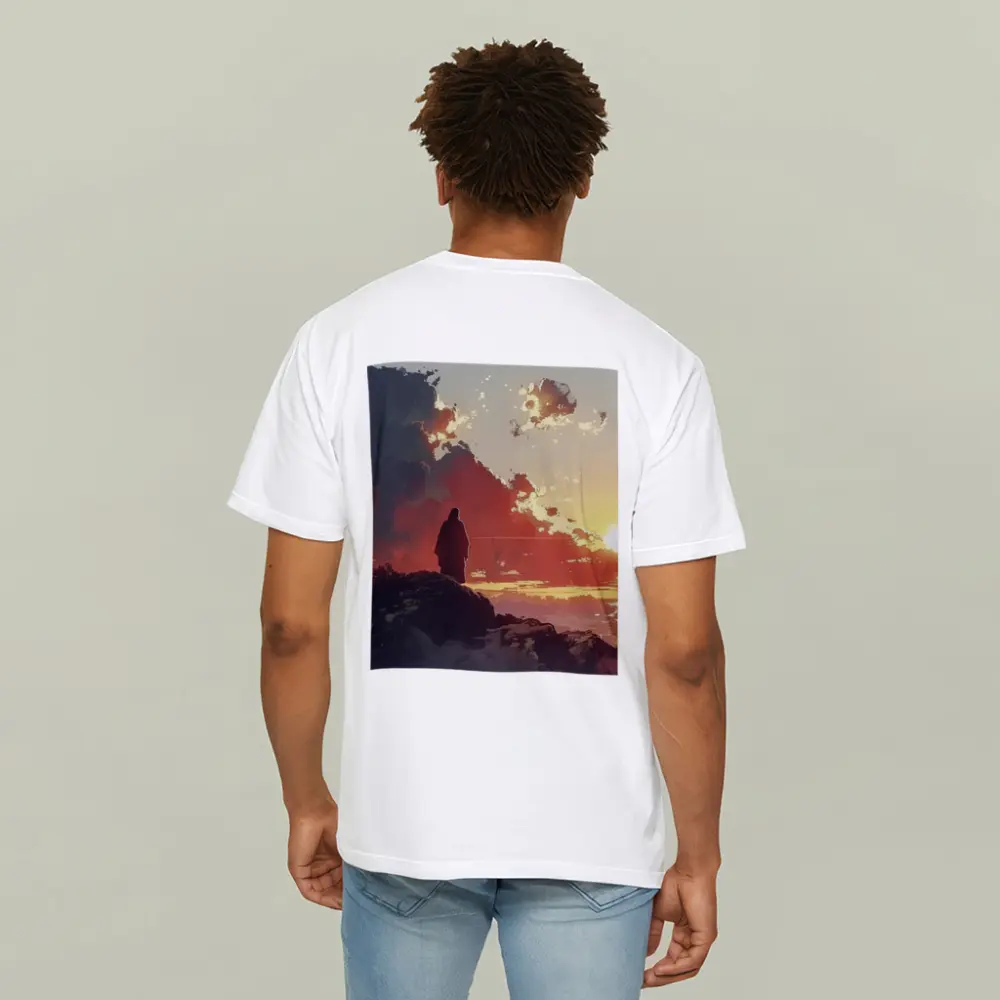 Lone Figure Standing on Rocky Sunset Cliff – T-Shirts