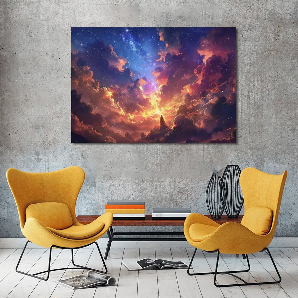 Anime Fantasy Sky Lone Figure Glowing Clouds – Wall Art
