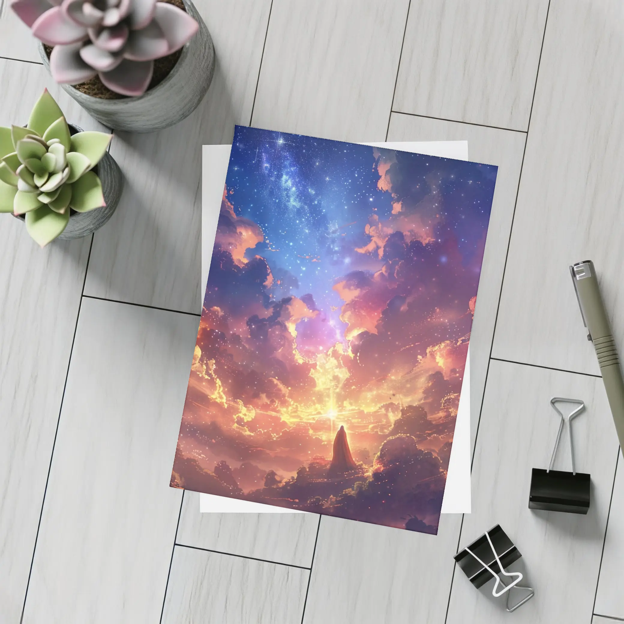Anime Fantasy Sky Lone Figure Glowing Clouds – Postcards