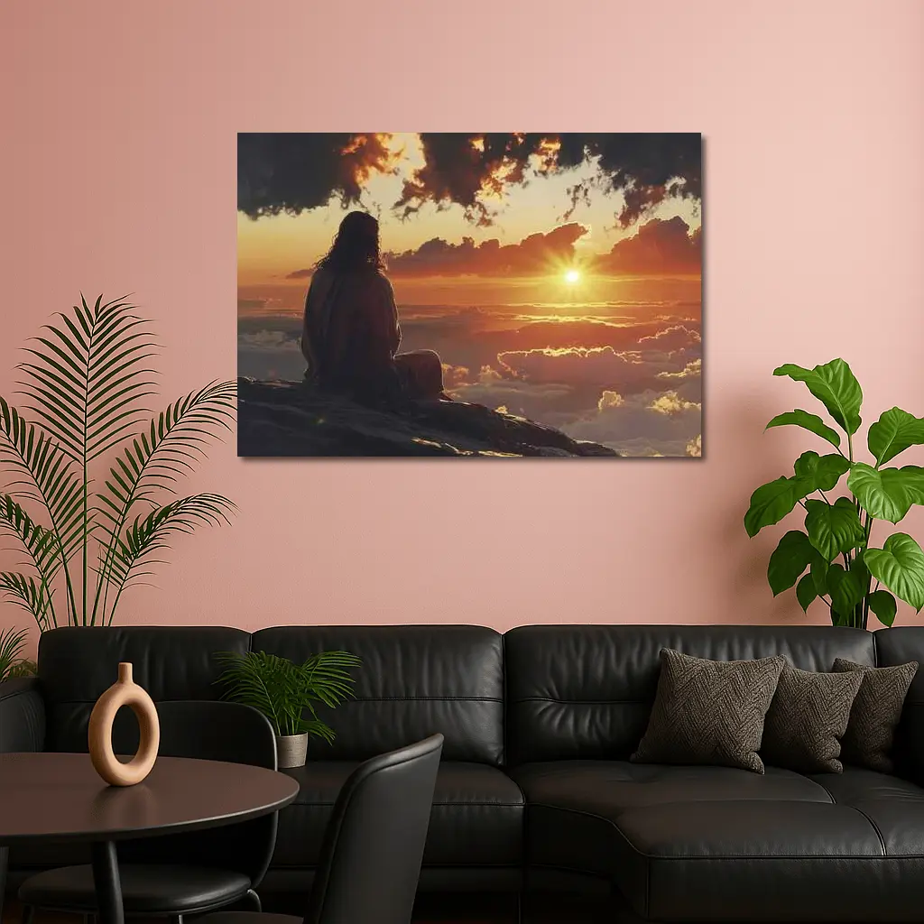 Jesus Sitting Above Clouds Golden Sunset – Wall Art