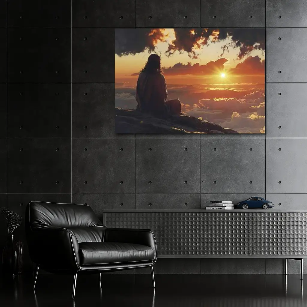 Jesus Sitting Above Clouds Golden Sunset – Wall Art