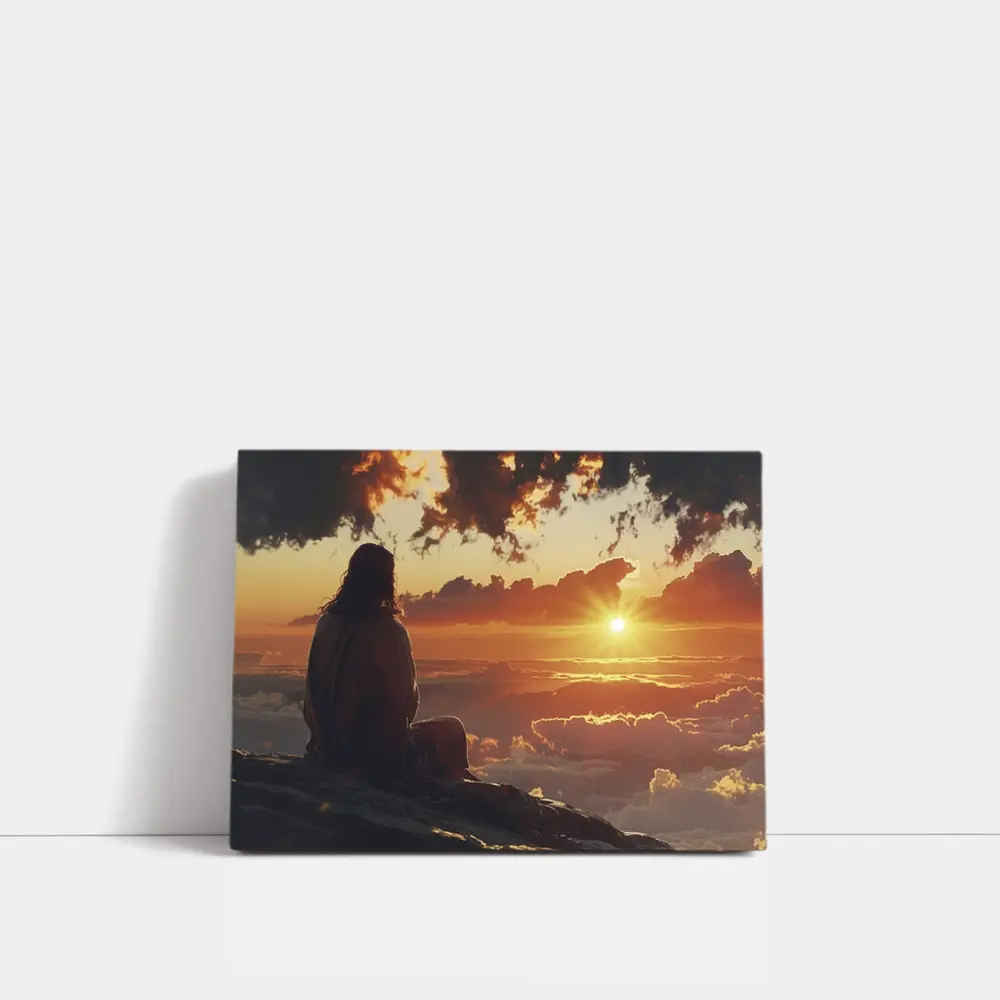 Jesus Sitting Above Clouds Golden Sunset – Wall Art