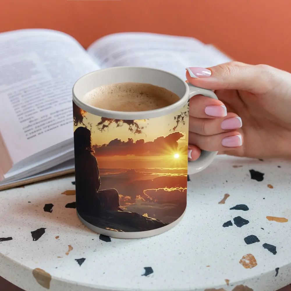 Jesus Sitting Above Clouds Golden Sunset – Mugs