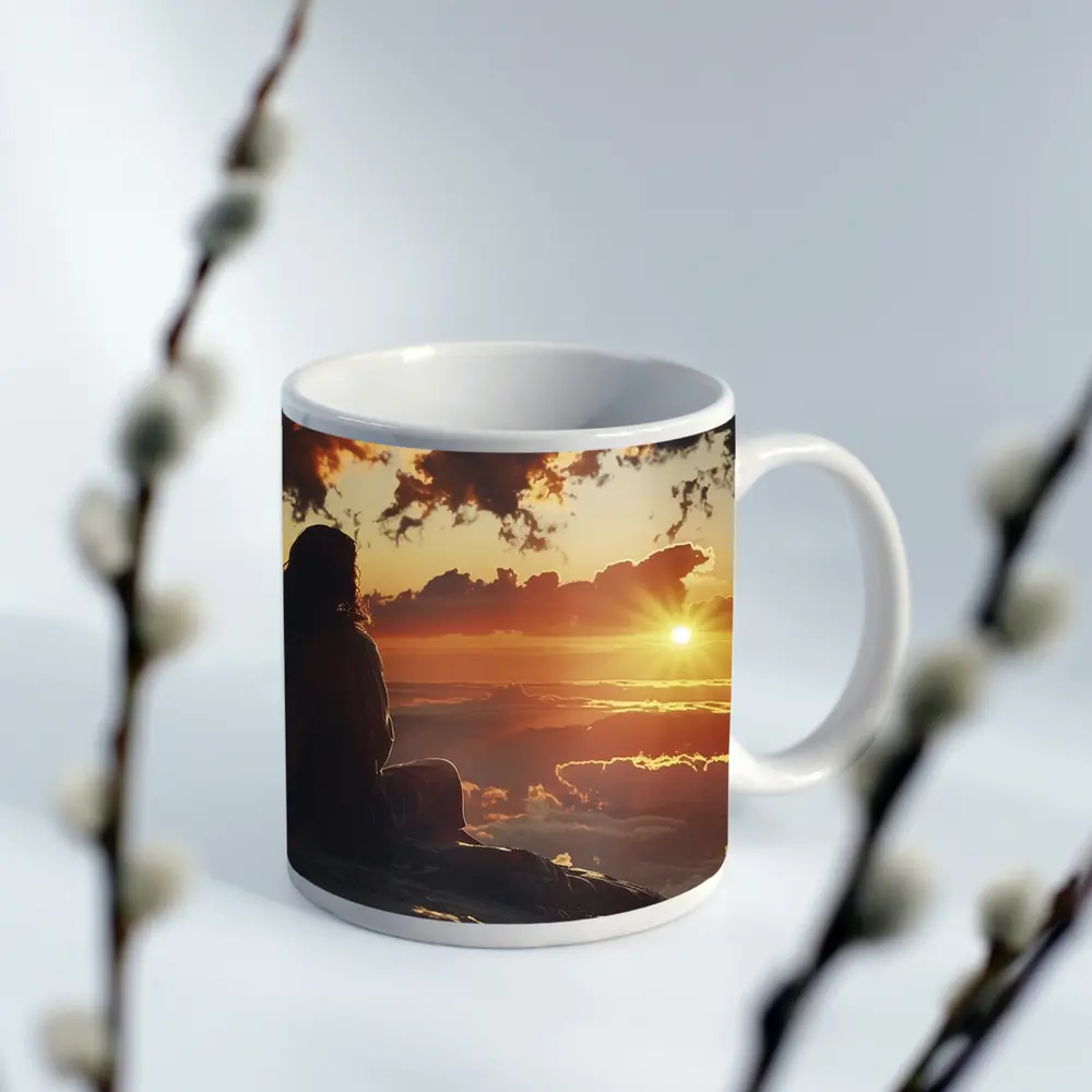 Jesus Sitting Above Clouds Golden Sunset – Mugs