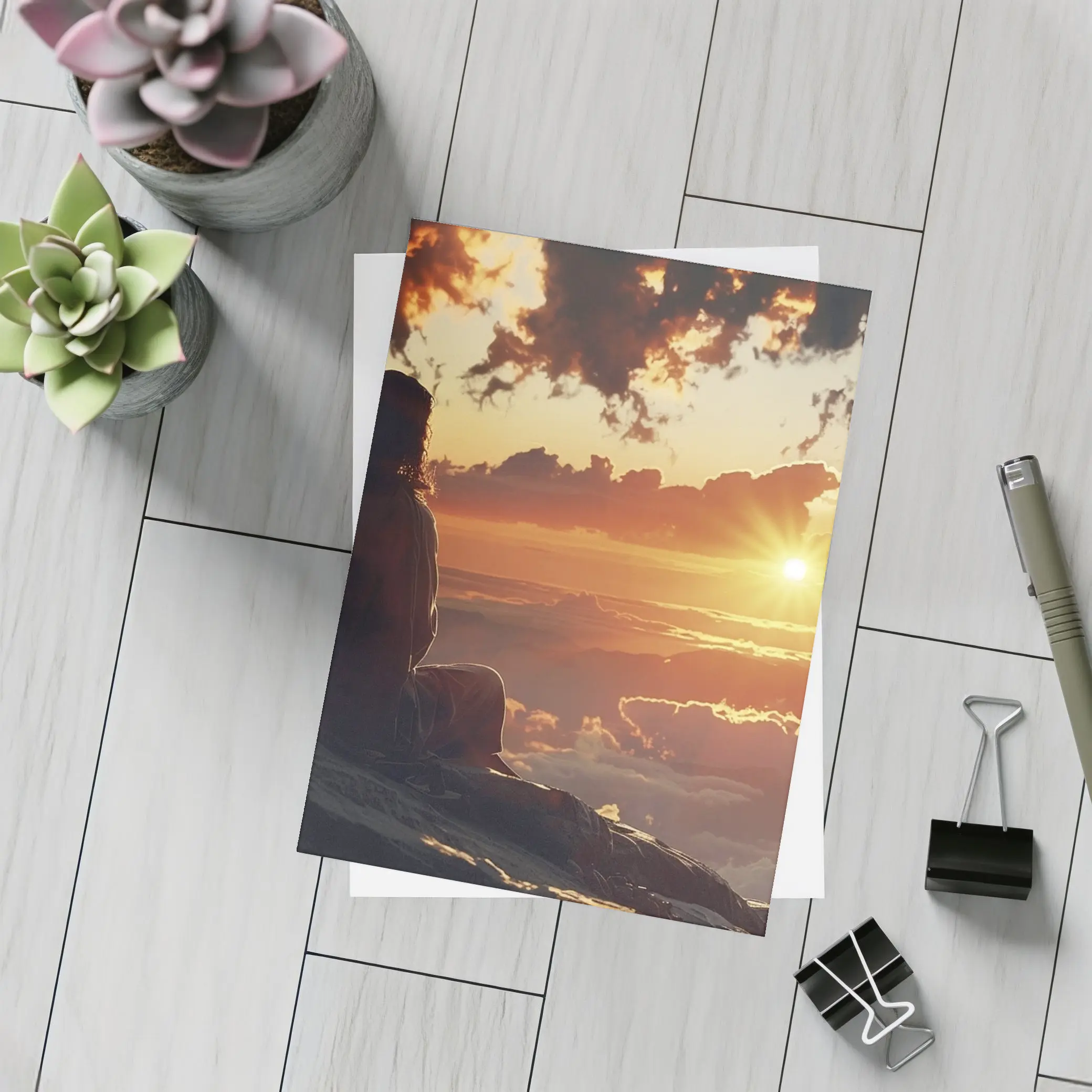 Jesus Sitting Above Clouds Golden Sunset – Postcards