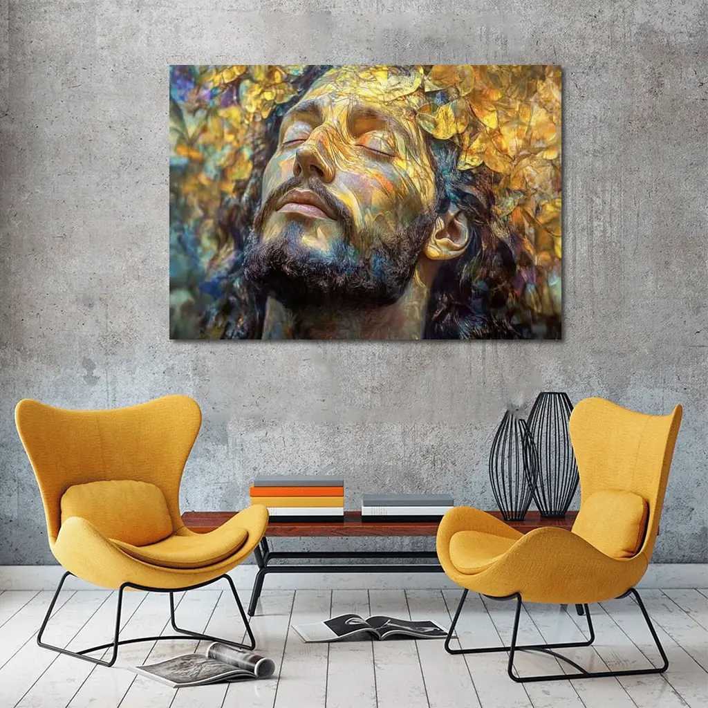 Bearded Man Golden Leaves Surreal Art – Wall Art