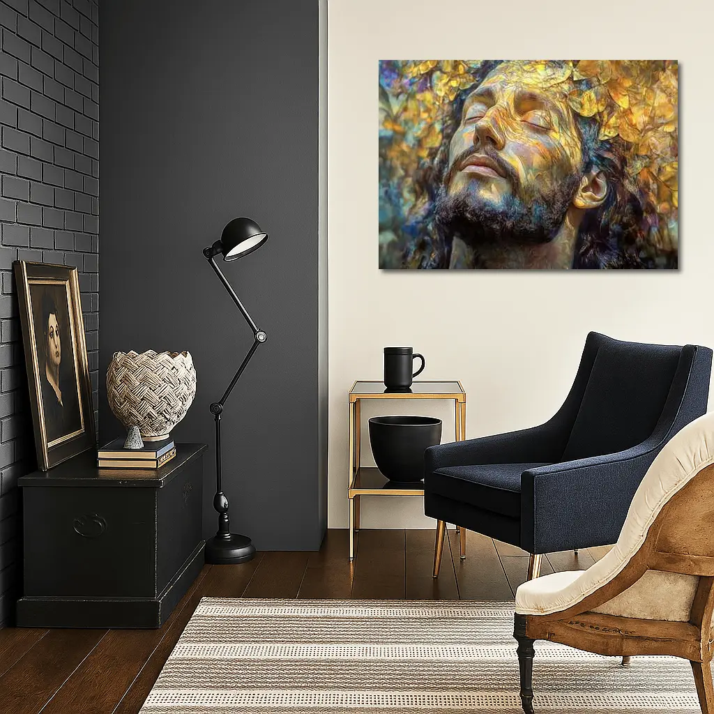 Bearded Man Golden Leaves Surreal Art – Wall Art