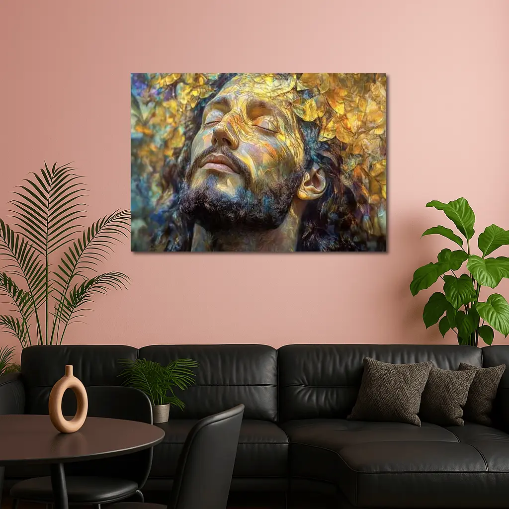 Bearded Man Golden Leaves Surreal Art – Wall Art