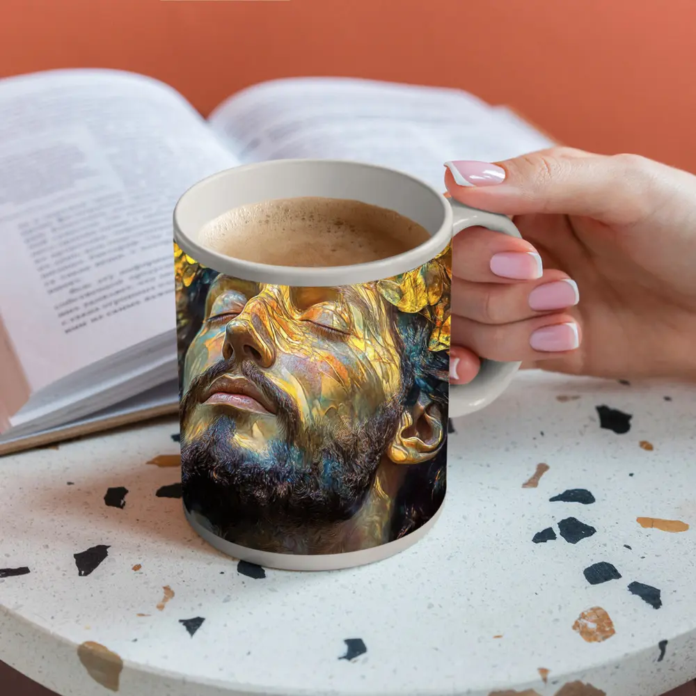 Bearded Man Golden Leaves Surreal Art – Mugs