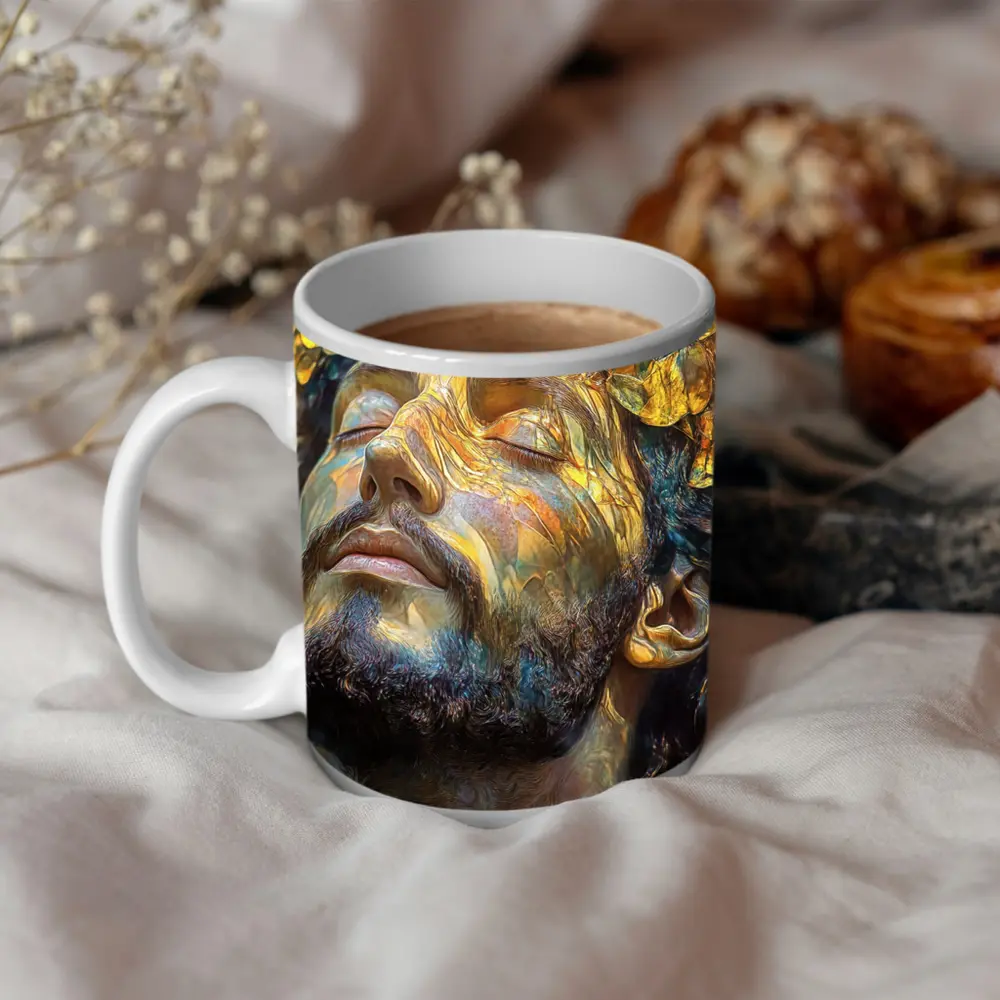 Bearded Man Golden Leaves Surreal Art – Mugs