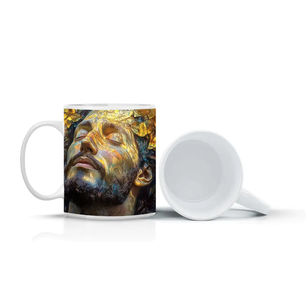Bearded Man Golden Leaves Surreal Art – Mugs