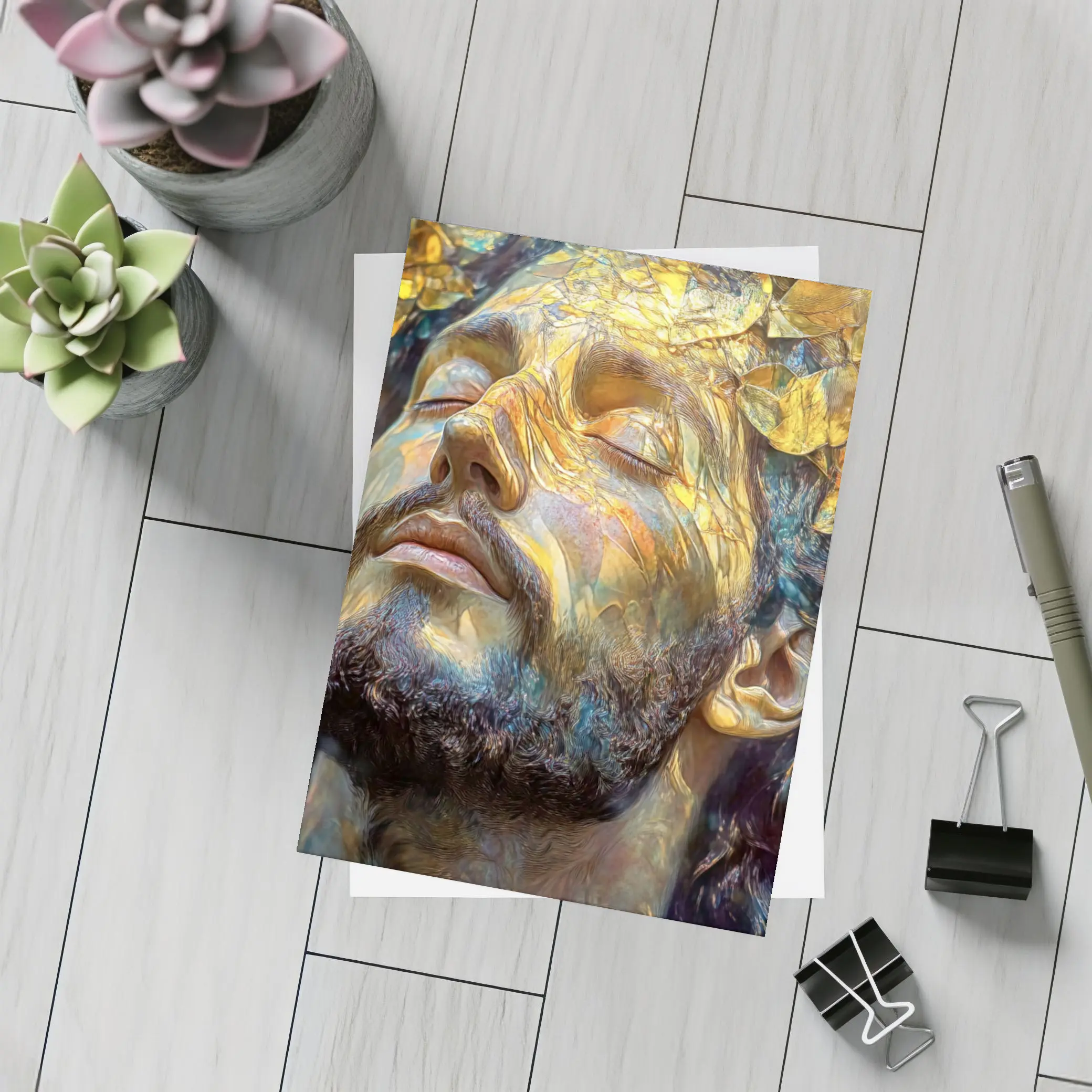 Bearded Man Golden Leaves Surreal Art – Postcards