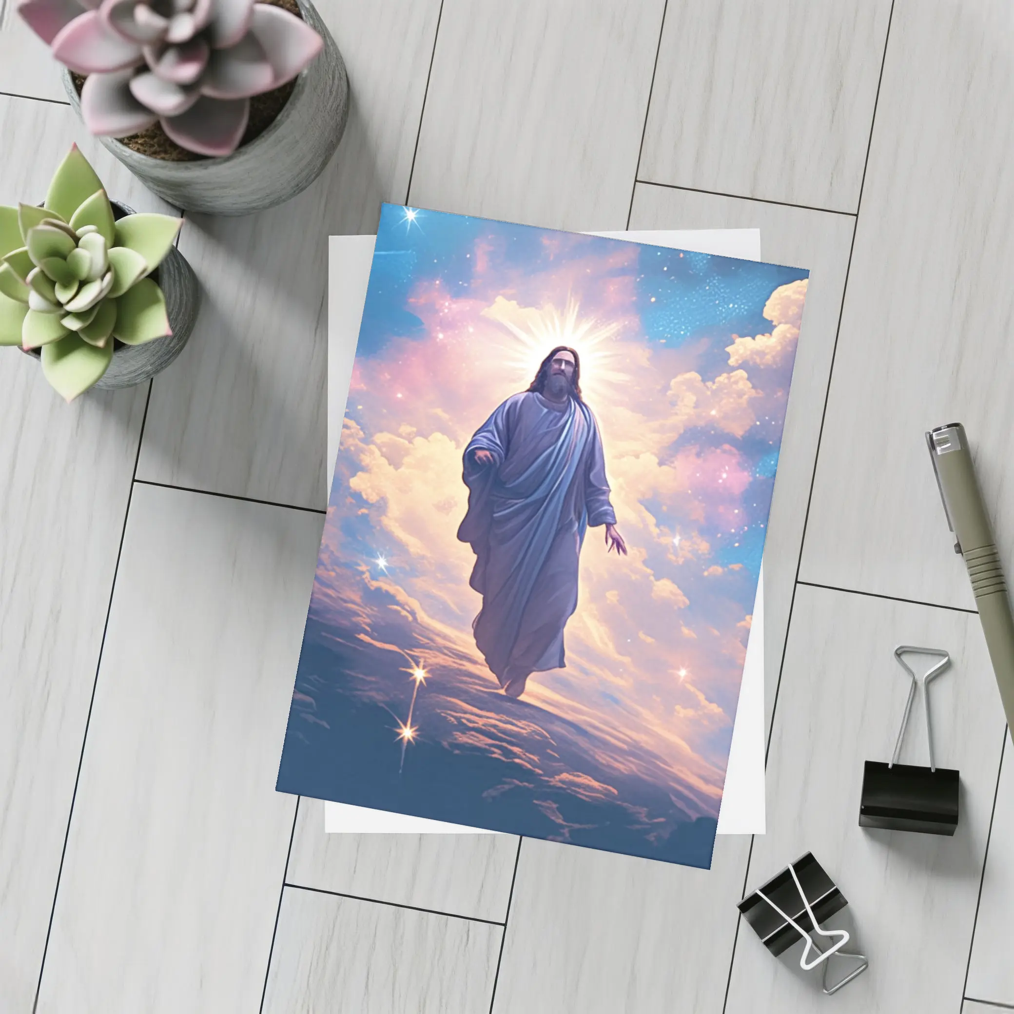 Jesus Christ Ascending Through Glowing Heavenly Clouds – Postcards