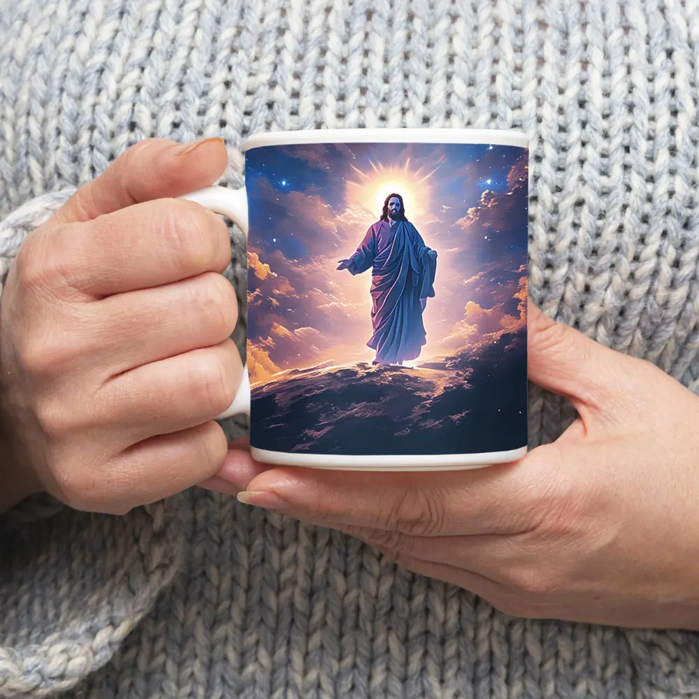 Jesus Christ Glowing Above Starry Night Clouds – Mugs