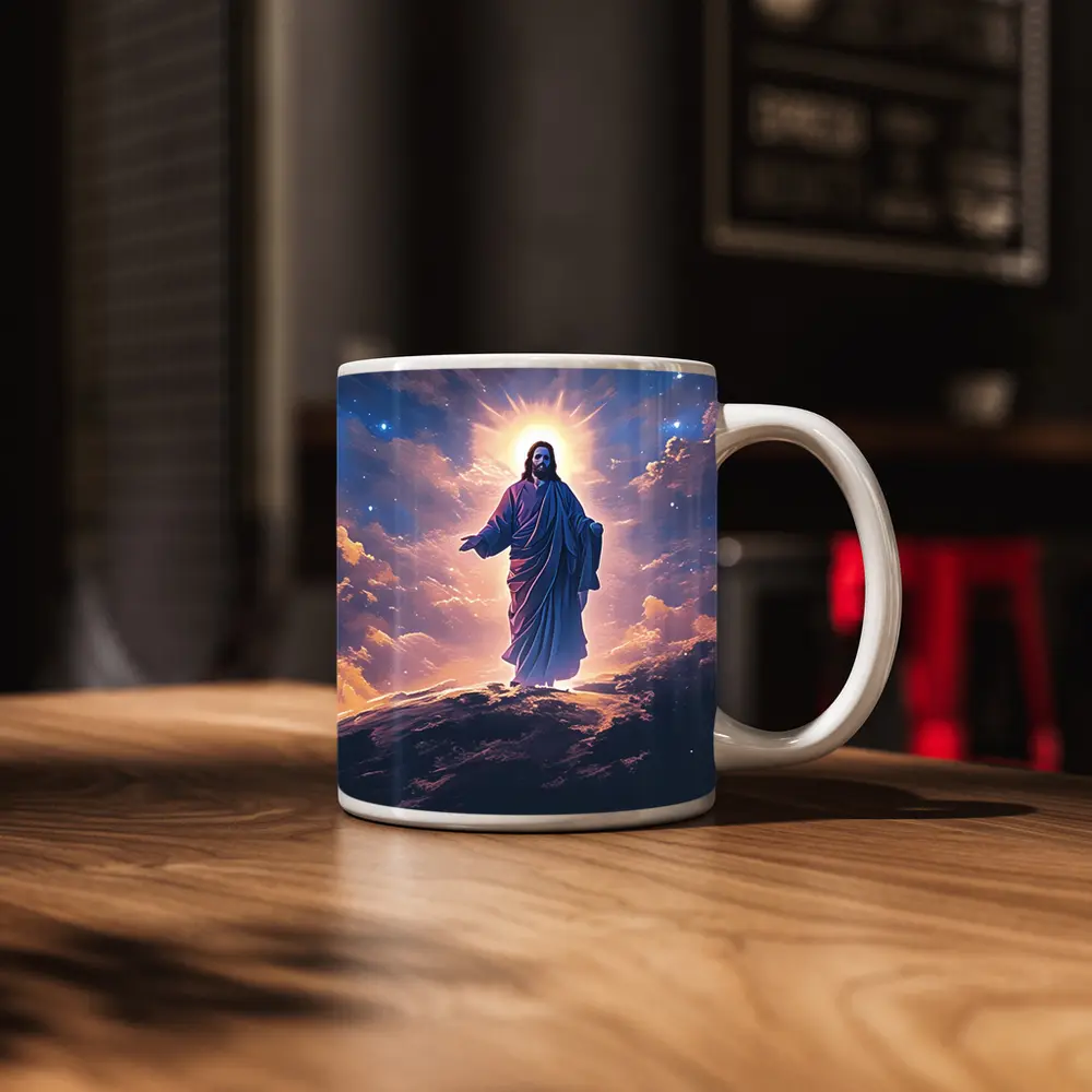 Jesus Christ Glowing Above Starry Night Clouds – Mugs