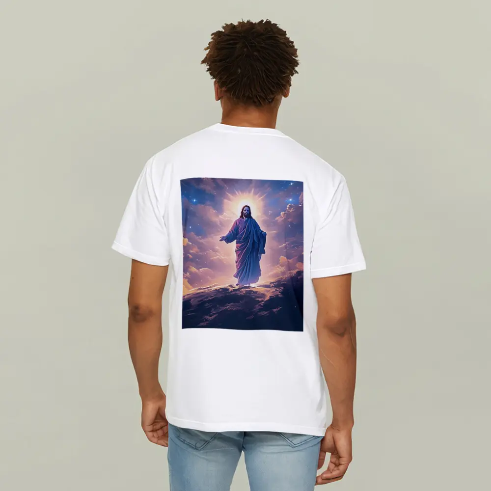 Jesus Christ Glowing Above Starry Night Clouds – T-Shirts