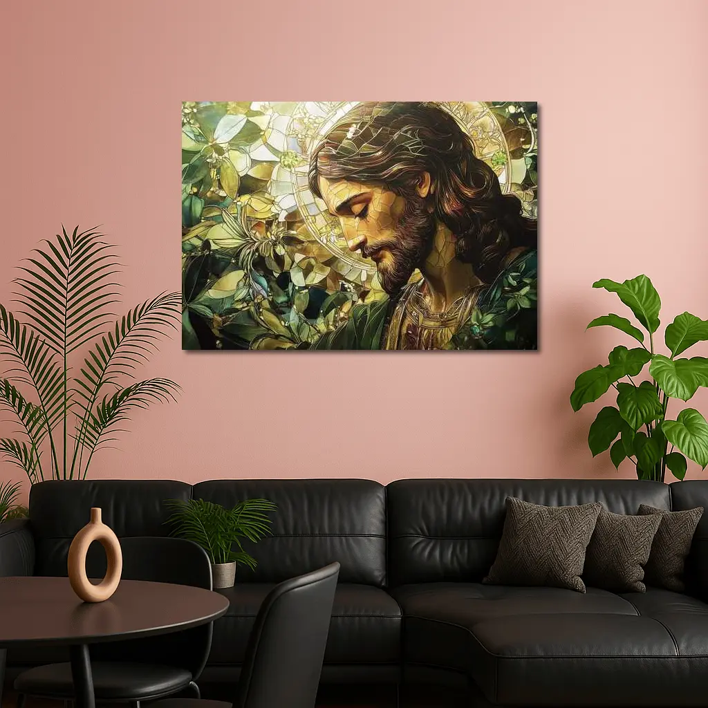 Jesus Stained Glass Green Floral Halo Art – Wall Art