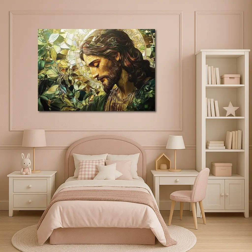 Jesus Stained Glass Green Floral Halo Art – Wall Art