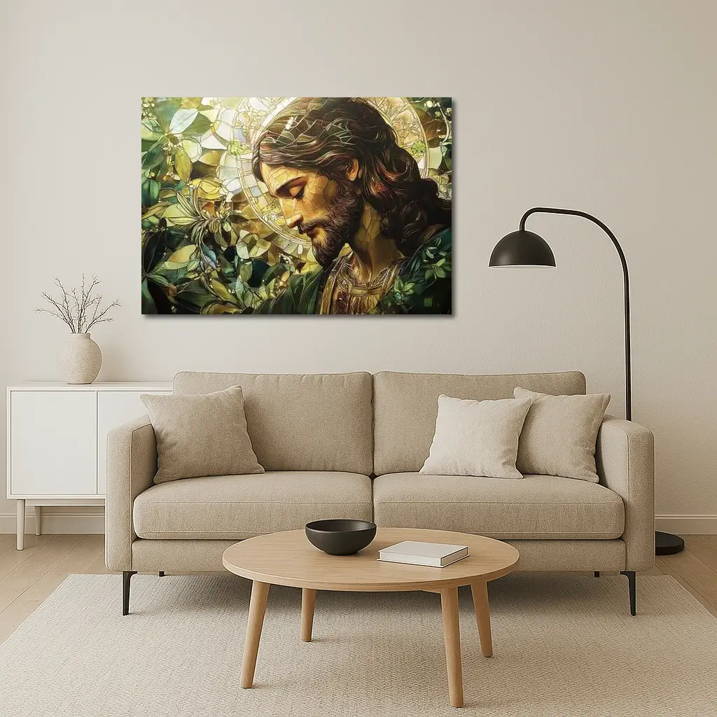 Jesus Stained Glass Green Floral Halo Art – Wall Art