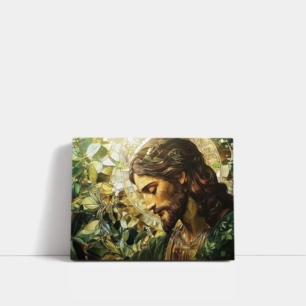 Jesus Stained Glass Green Floral Halo Art – Wall Art