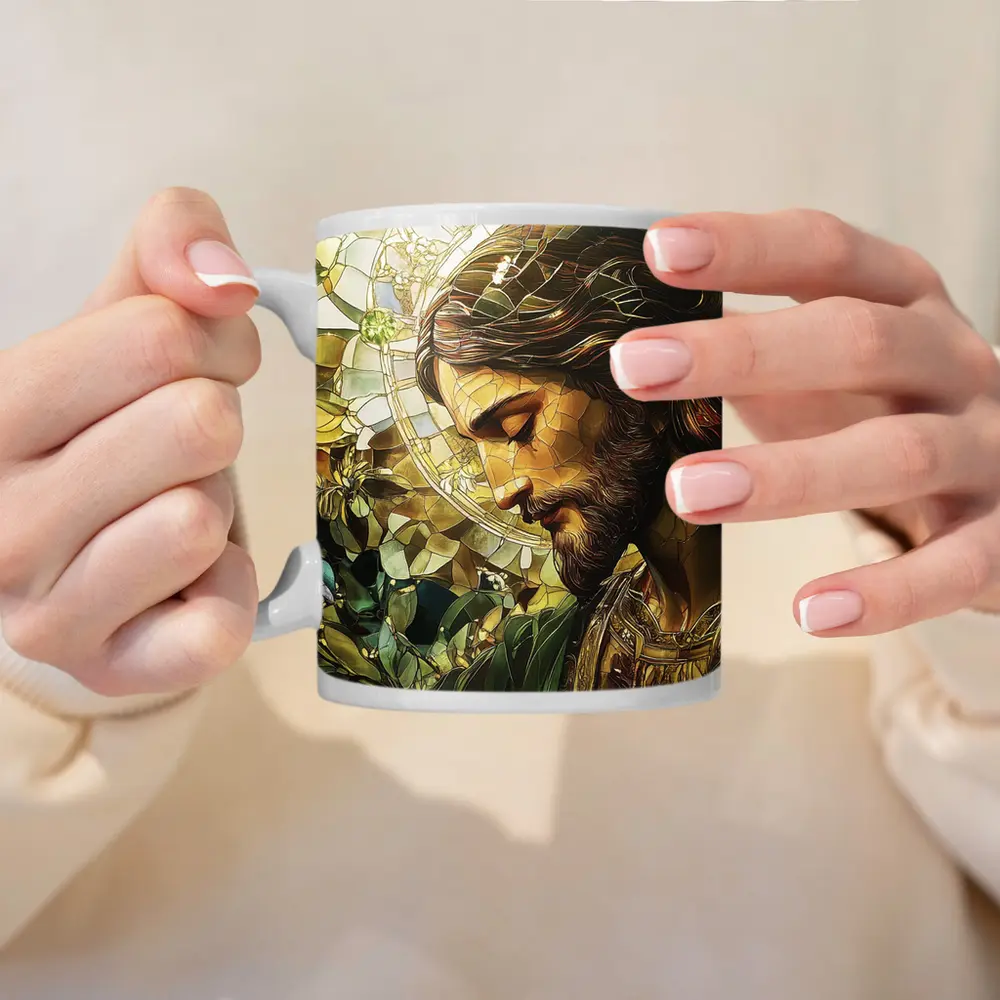 Jesus Stained Glass Green Floral Halo Art – Mugs