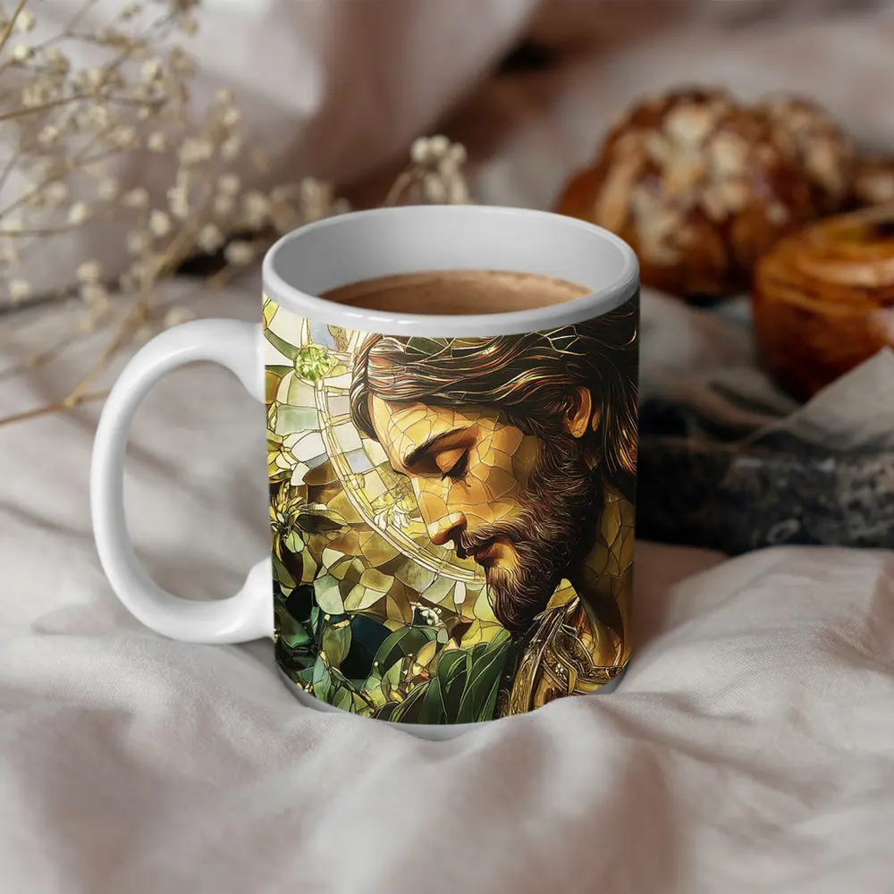 Jesus Stained Glass Green Floral Halo Art – Mugs