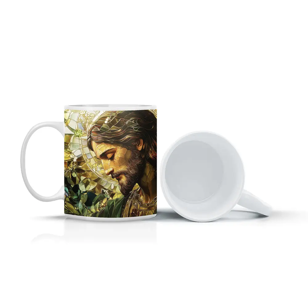 Jesus Stained Glass Green Floral Halo Art – Mugs