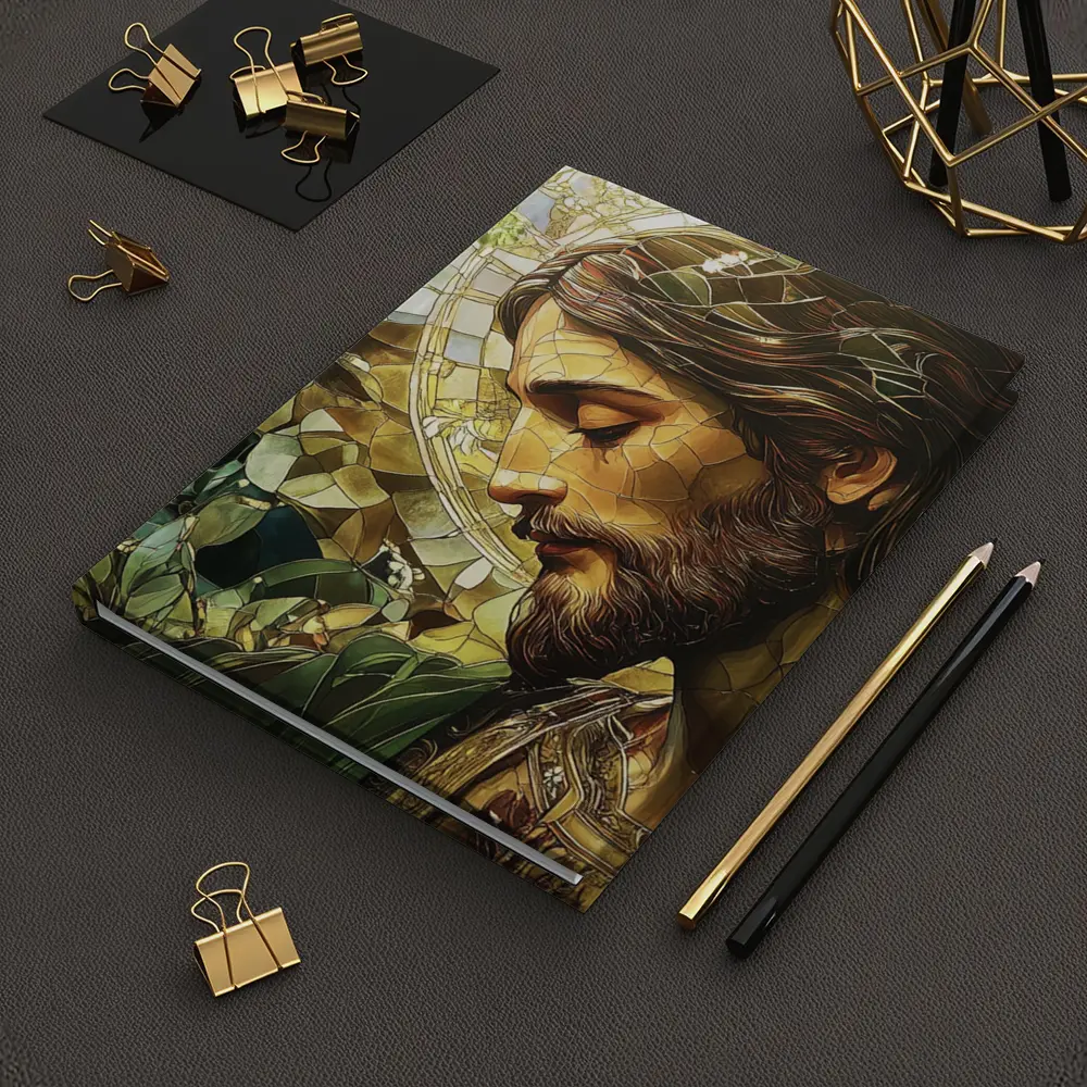 Jesus Stained Glass Green Floral Halo Art – Notebooks