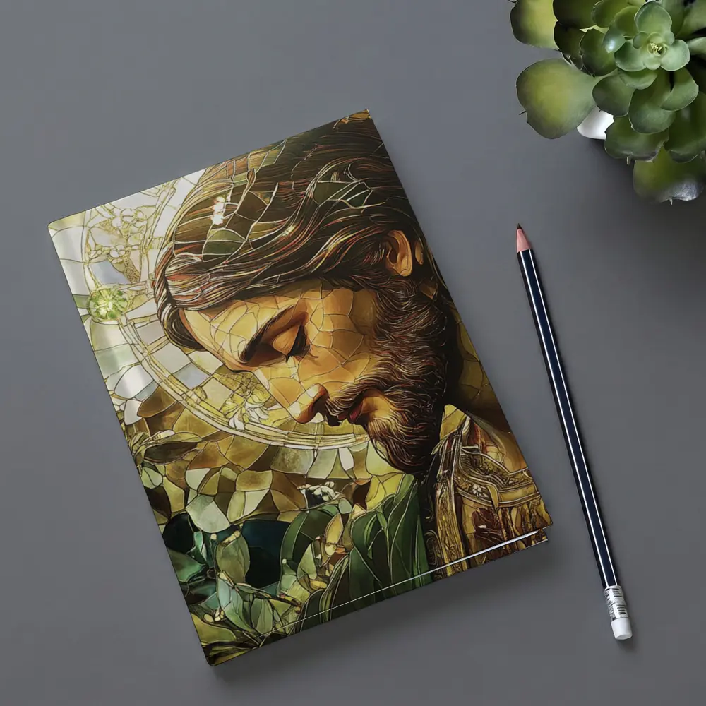 Jesus Stained Glass Green Floral Halo Art – Notebooks