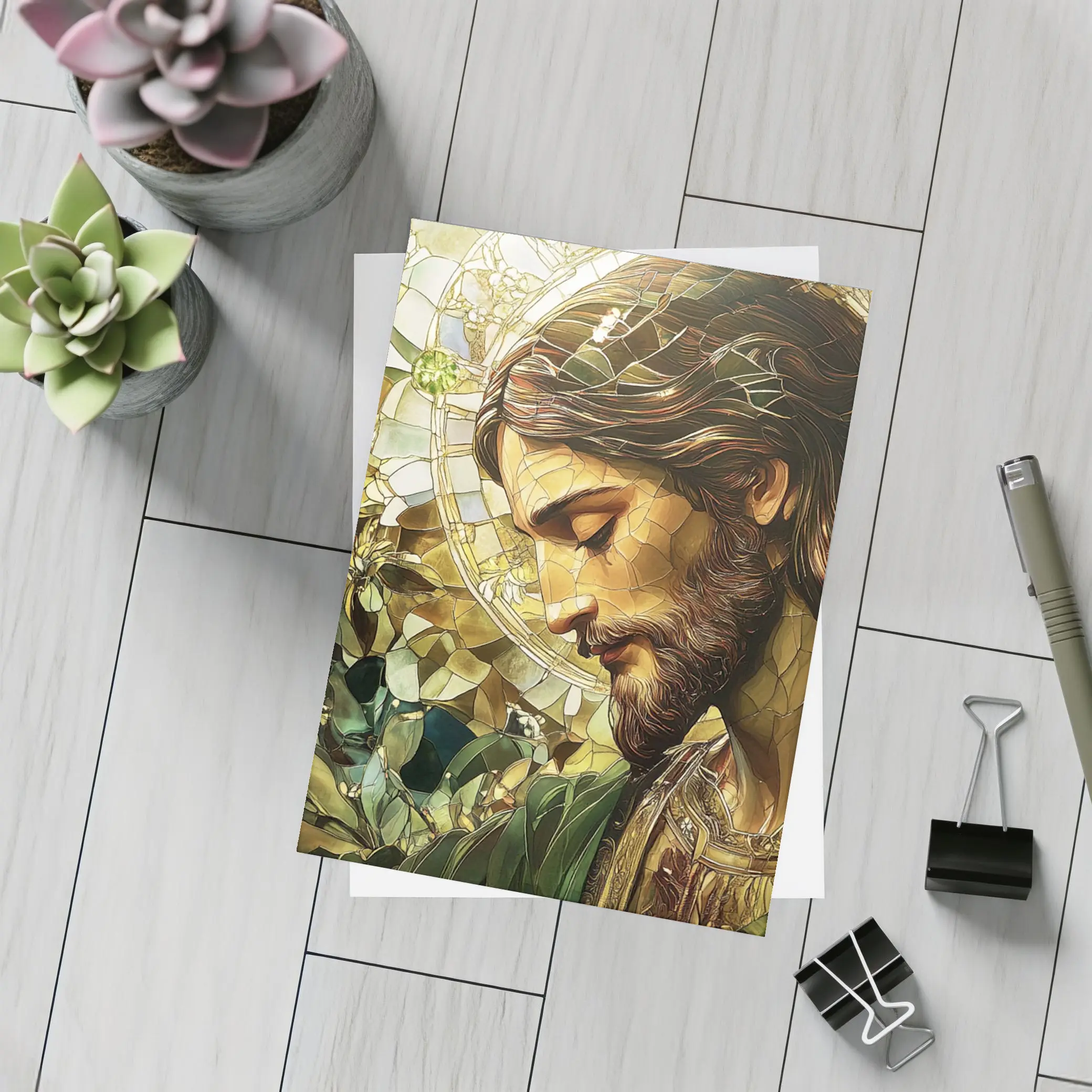 Jesus Stained Glass Green Floral Halo Art – Postcards