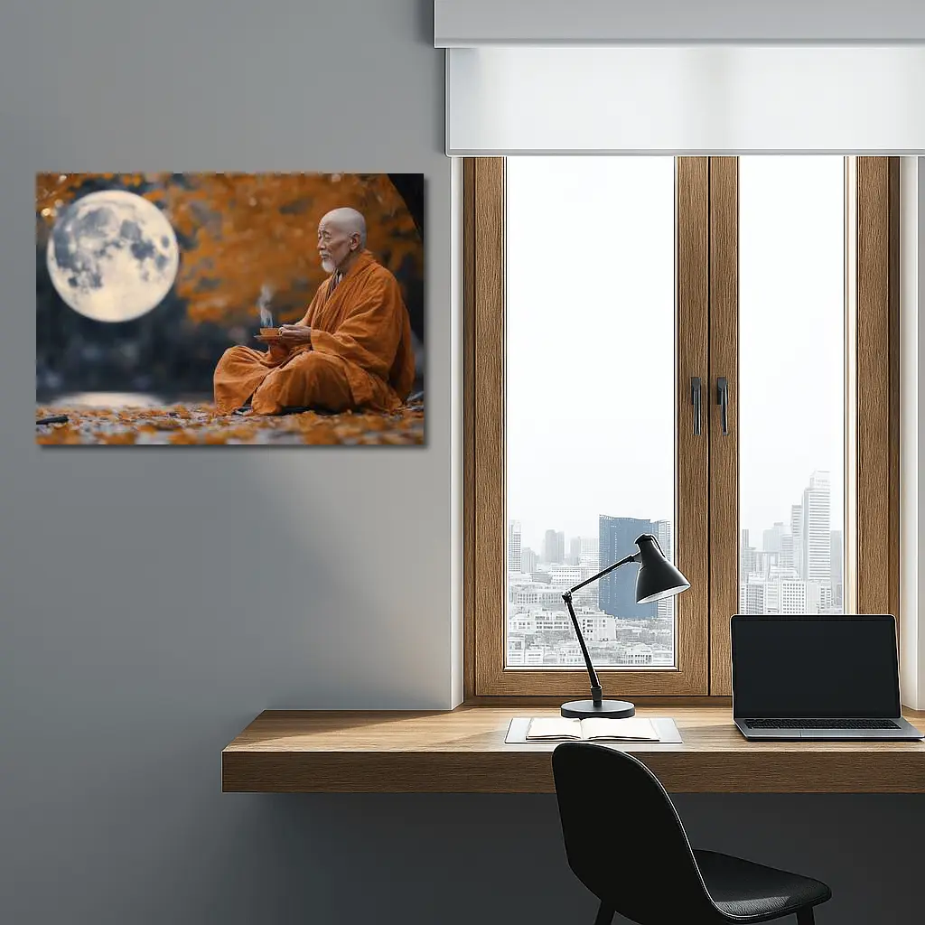 Buddhist Monk Meditating Under Full Moon – Wall Art