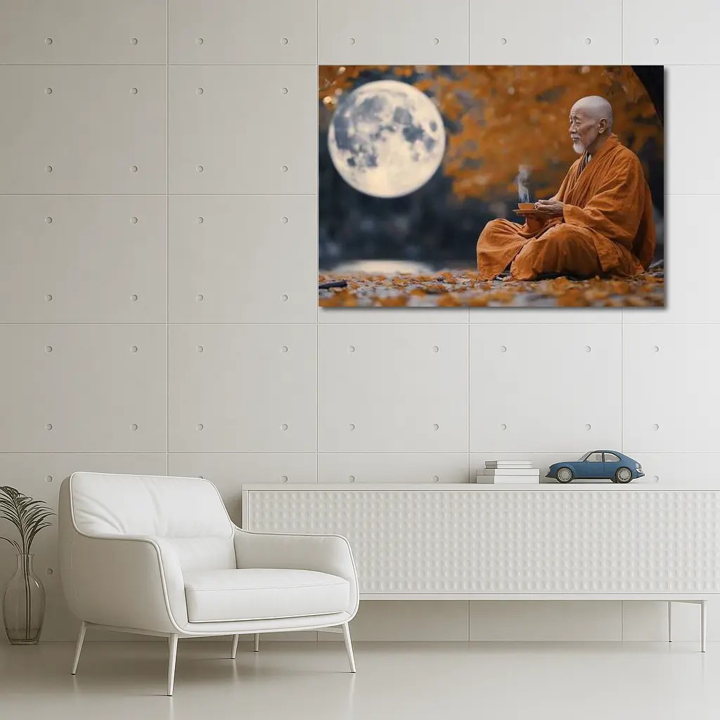 Buddhist Monk Meditating Under Full Moon – Wall Art