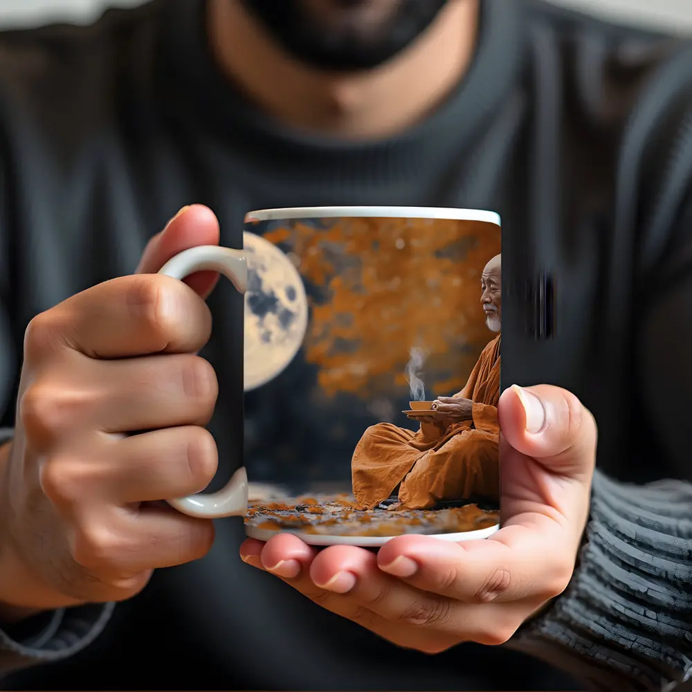 Buddhist Monk Meditating Under Full Moon – Mugs