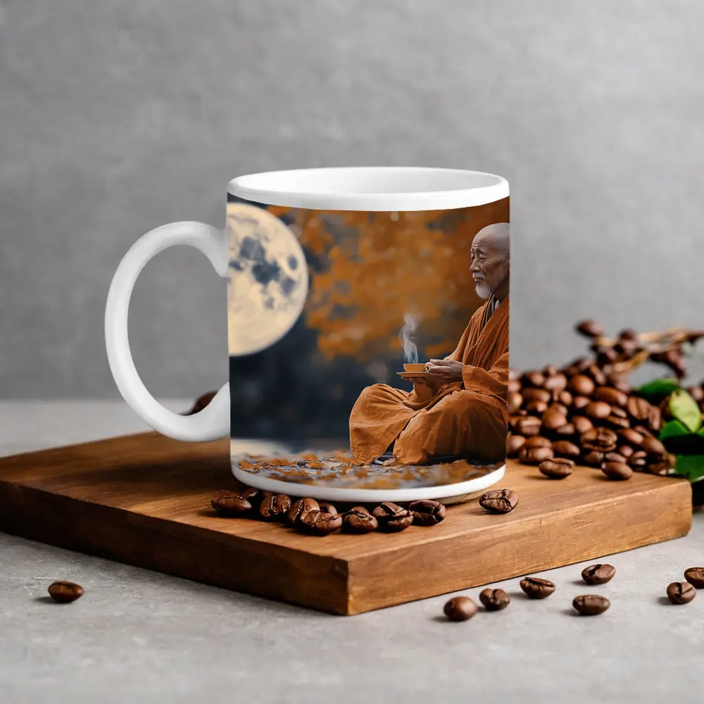 Buddhist Monk Meditating Under Full Moon – Mugs