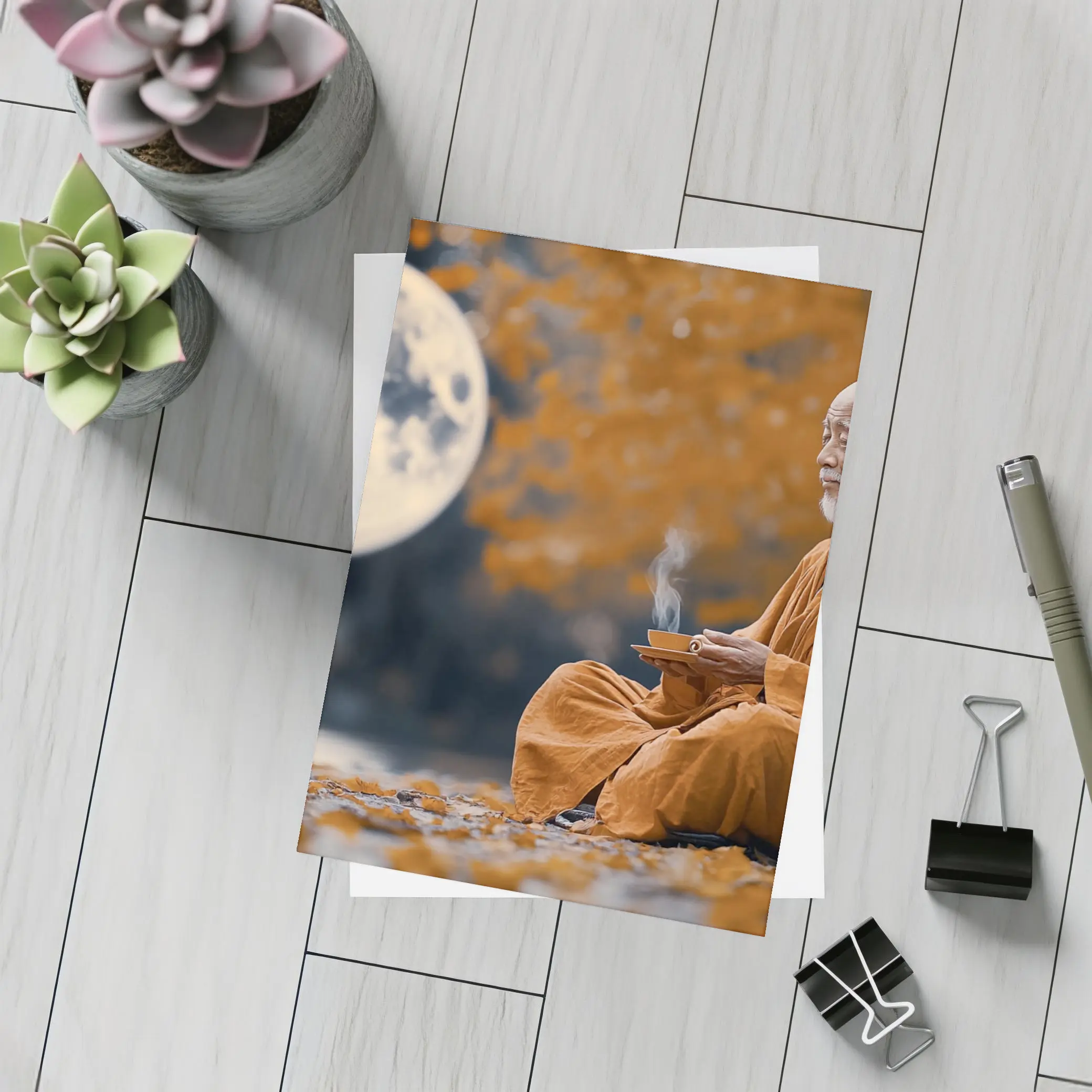 Buddhist Monk Meditating Under Full Moon – Postcards