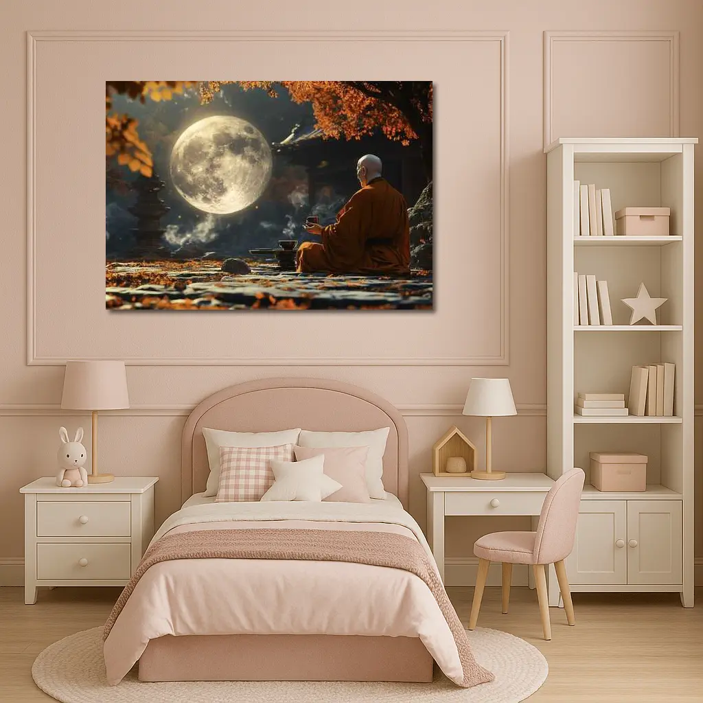 Buddhist Monk Meditating Under Full Moon – Wall Art