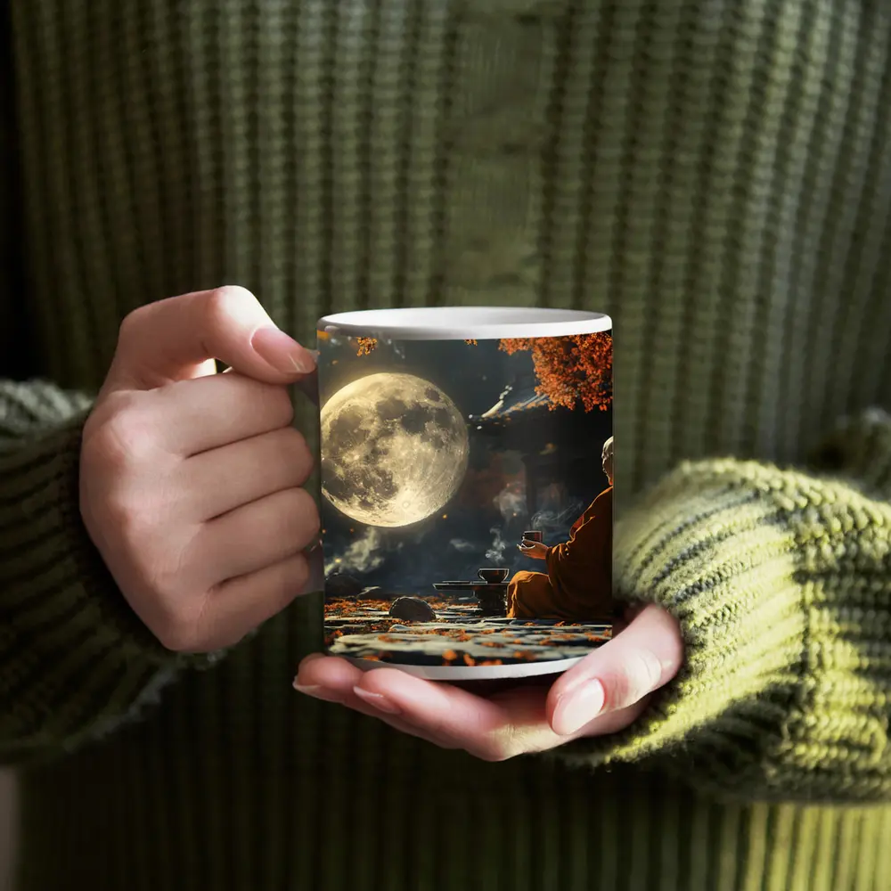 Buddhist Monk Meditating Under Full Moon – Mugs